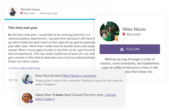 Examples of student activity on the GetSet Student Community, including a post titled, "This time next year," notifications about new comments and likes on a post, and a student profile, with a photo, bio, and invitation to follow the student.